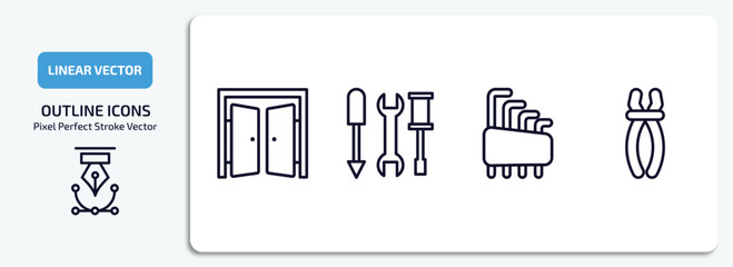 Poster - construction outline icons set. construction thin line icons pack included doors open, three tools, hex key, inclined clippers vector.
