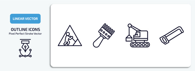 Poster - construction outline icons set. construction thin line icons pack included working, sand brush, derrick with box, hacksaw vector.