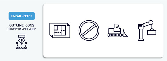 Poster - construction outline icons set. construction thin line icons pack included house plan, stopping, bulldozer, derrick with boxes vector.
