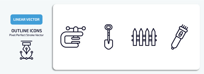 Poster - construction outline icons set. construction thin line icons pack included vise, interior de, garden fence, clippers vector.