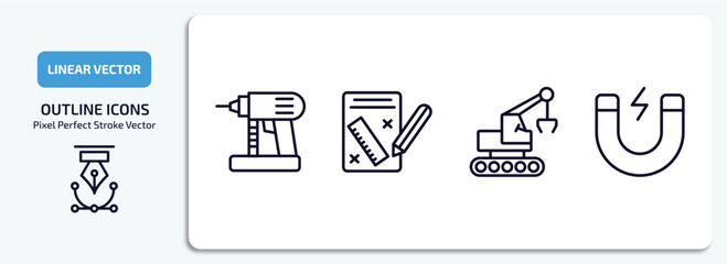 Poster - construction outline icons set. construction thin line icons pack included nail gun, measures plan, derrick with tong, inclined magnet vector.