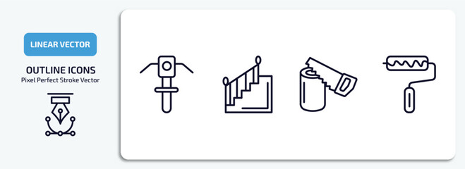 Wall Mural - construction outline icons set. construction thin line icons pack included inclined picker, stairs with handle, wood saw, roller and paint vector.