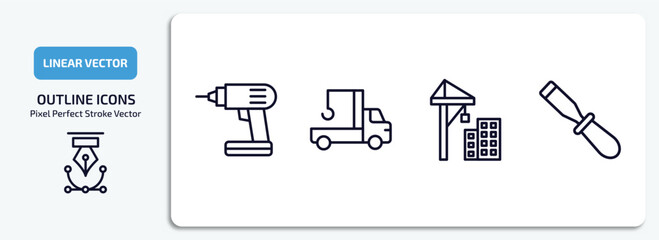 Poster - construction outline icons set. construction thin line icons pack included electric drill, crane truck, constructions, chisel vector.