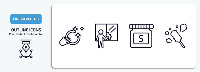 Poster - cleaning outline icons set. cleaning thin line icons pack included washing dishes, window cleaner, solvent, duster vector.