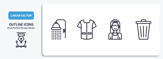 Poster - cleaning outline icons set. cleaning thin line icons pack included shower head, cleaner uniform, charwoman, bin vector.