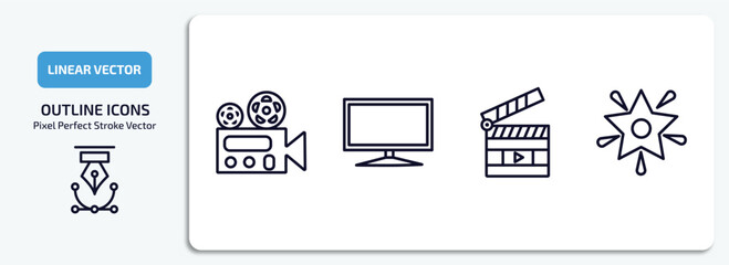 Poster - cinema outline icons set. cinema thin line icons pack included film viewer, flat tv, movie clapper open, famous cinema star vector.
