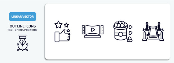 Poster - cinema outline icons set. cinema thin line icons pack included thumb up with star, home theater, popcorn bag, red carpet vector.