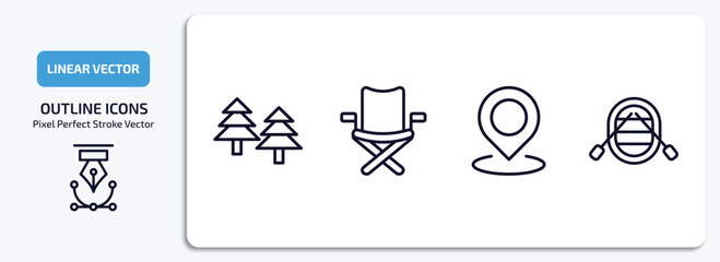 Poster - camping outline icons set. camping thin line icons pack included forest, camp chair, location, raft vector.