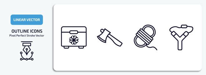 Poster - camping outline icons set. camping thin line icons pack included freezer, axe, rope, slingshot vector.