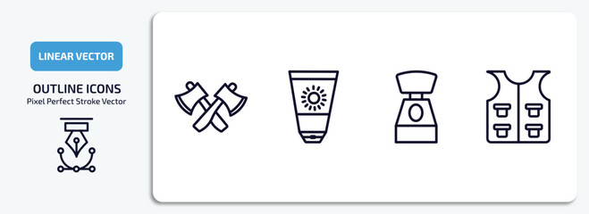 Poster - camping outline icons set. camping thin line icons pack included axes, sun lotion, toilet, fishing vest vector.