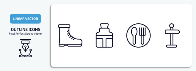Poster - camping outline icons set. camping thin line icons pack included boots shoes, flask, canteen, direction vector.