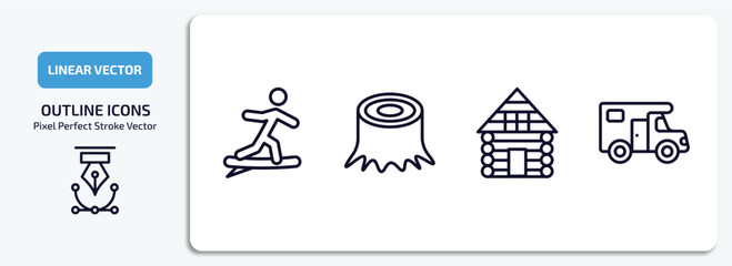 Poster - camping outline icons set. camping thin line icons pack included surfing, stump, cabin, camper van vector.