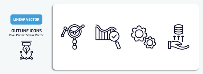 Poster - business and analytics outline icons set. business and analytics thin line icons pack included market research, search analytics, cogwheel hine part, debt vector.