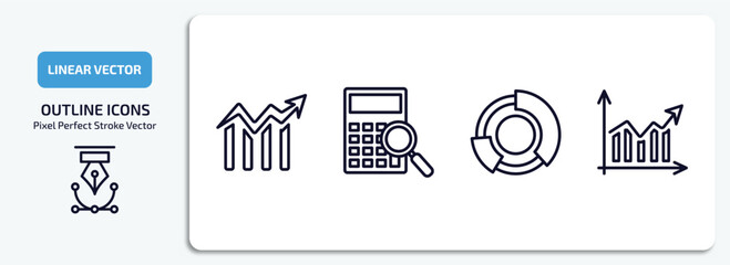 Poster - business and analytics outline icons set. business and analytics thin line icons pack included data analytics circular, supplies, graph pie, increasing stocks vector.