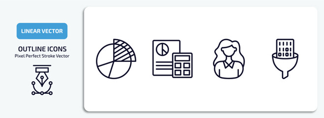 Poster - business and analytics outline icons set. business and analytics thin line icons pack included data analysis pie chart, accounting, businesswoman, funneling data vector.