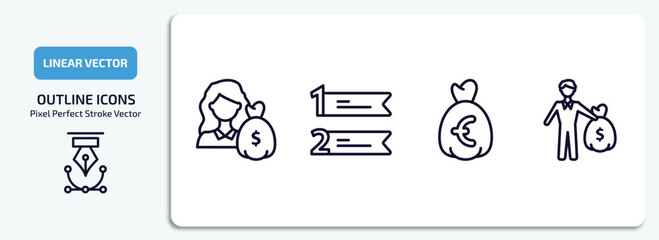 Poster - business outline icons set. business thin line icons pack included woman with dollar bill, numbered information, euro money bag, man carrying money vector.