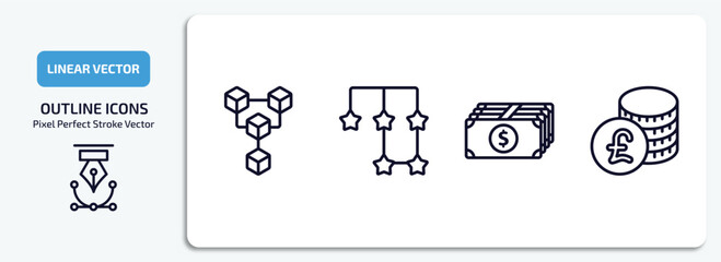 Poster - business outline icons set. business thin line icons pack included connection box chart, points connected chart, american dollar bill, pounds coins stack vector.