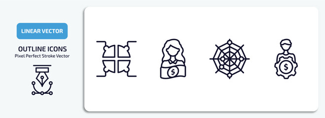 Poster - business outline icons set. business thin line icons pack included infographic elements, woman with money, spider chart, man with money gears vector.