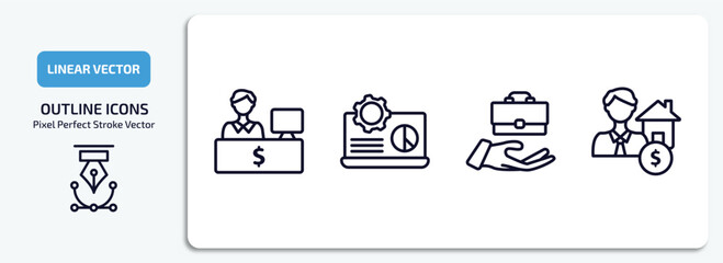 Poster - business outline icons set. business thin line icons pack included bank teller, laptop analysis, val
