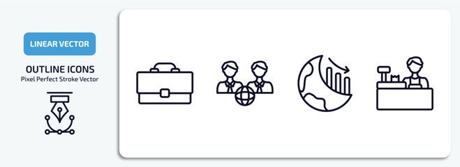 Poster - business outline icons set. business thin line icons pack included bussines briefcase, partners in business, globe analytics, supermarket cashier vector.