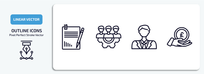 Poster - business outline icons set. business thin line icons pack included profit report, work parteners, man with solutions, pound coin on hands vector.
