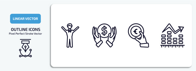 Poster - business outline icons set. business thin line icons pack included man success, dollar money protection, euro coin on hands, ascendant graph vector.