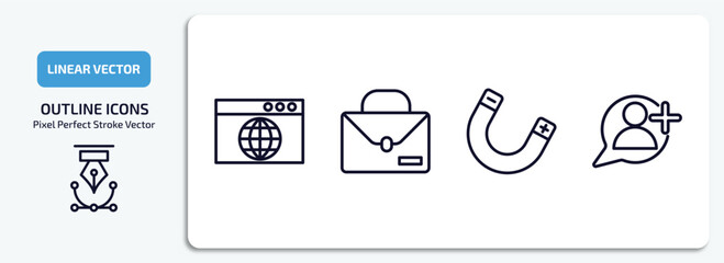 Poster - blogger and influencer outline icons set. blogger and influencer thin line icons pack included browser, work, magnet, follower vector.