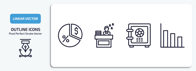 Poster - business outline icons set. business thin line icons pack included pie chart with dollar, sleepy worker at work, big safe, bars chart vector.