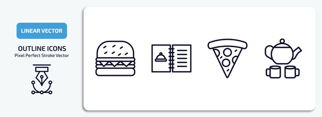 Wall Mural - bistro and restaurant outline icons set. bistro and restaurant thin line icons pack included complete hamburger, open menu, pepperoni pizza slice, tea vector.