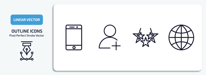 Poster - blogger and influencer outline icons set. blogger and influencer thin line icons pack included mobile, follow, rating, world vector.