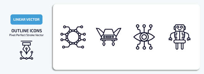 Poster - artificial intelligence outline icons set. artificial intelligence thin line icons pack included unsupervised learning, fyling vehicle, bionic eye, robot vector.