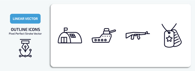 Poster - army and war outline icons set. army and war thin line icons pack included bunker, warship, rifle, dog tag vector.