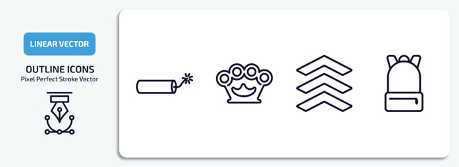Aufkleber - army and war outline icons set. army and war thin line icons pack included explosive, knuckle, chevrons, backpack vector.