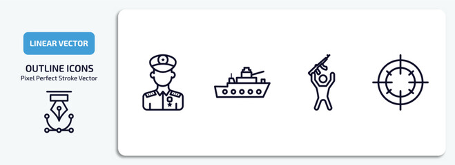 Poster - army and war outline icons set. army and war thin line icons pack included general, militar ship, rebellion, target vector.