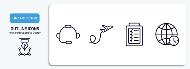 Poster - airport terminal outline icons set. airport terminal thin line icons pack included airport headphones, plane flying, control check, time zones vector.