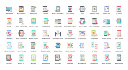 Aufkleber - Mobile Interface Flat Icons API User Experience Color Iconset 50 Vector Icons