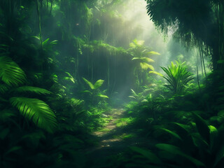 Green beautifull jungle background, Generative AI Illustration.