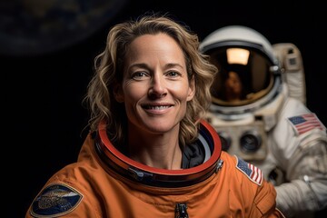 portrait of smiling astronaut woman looking at camera isolated on black background