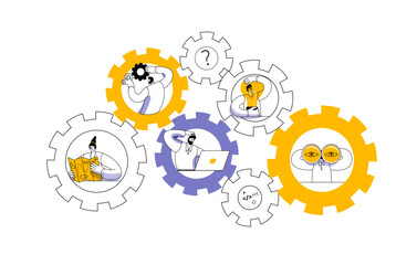 Aufkleber - Different characters deal with their parts of the gear. Vector illustration on the theme of interaction between departments and teamwork.