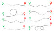 Path with location pins. Dotted distance from one point to another. Road route. Curve route. Vector set.