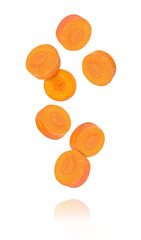 Wall Mural - Carrot cut sliced falling in the air isolated on white background.