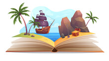 Cartoon Fairytale World On Paper Pages For Reading, Corsair Boat Sailing To Treasure Island In Sea Landscape. Open Book With Fun Story About Adventure Of Pirate Ship For Children Vector Illustration