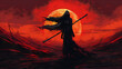 A creep carrying a scythe near a red sun in the style