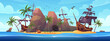 Wreck of pirate ships on desert island vector illustration. Cartoon island tropical landscape with sand beach and sea waves, open treasure chest, old broken wooden pirate boats with torn black sails