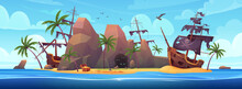Wreck Of Pirate Ships On Desert Island Vector Illustration. Cartoon Island Tropical Landscape With Sand Beach And Sea Waves, Open Treasure Chest, Old Broken Wooden Pirate Boats With Torn Black Sails