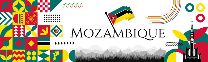 Wall Mural - The Mozambique National Day abstract banner design with flag and map. Flag color theme geometric pattern retro modern Illustration design. Green, yellow and red color template.