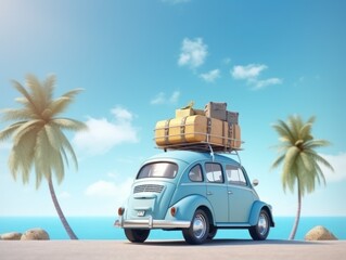 A car filled with baggage ready for a summer road trip. Concept of travel, vacation, and fun. Generative AI