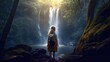 A young girl with braided hair and a backpack, discovering a hidden waterfall in a mystical woodland. Generative ai.