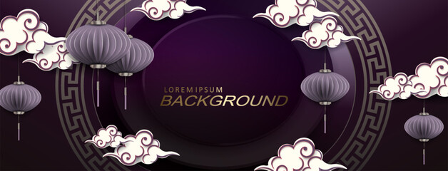 Wall Mural - Dark purple illustration, clouds and lanterns in paper art style