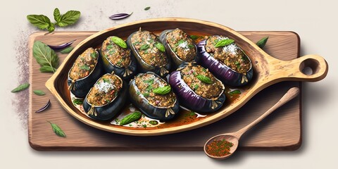 Wall Mural - Rolls of stuffed aubergine on an oval dish, with a bowl of adjika, and a variety of spices, all ready to be served, in the foreground. Generative AI